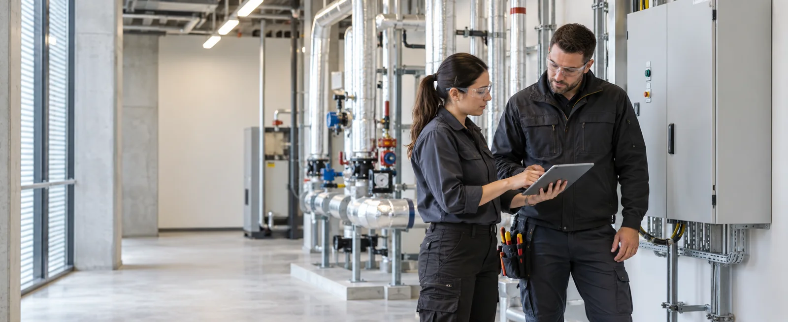 Facilities coordinator discussing pipework with a plumber
