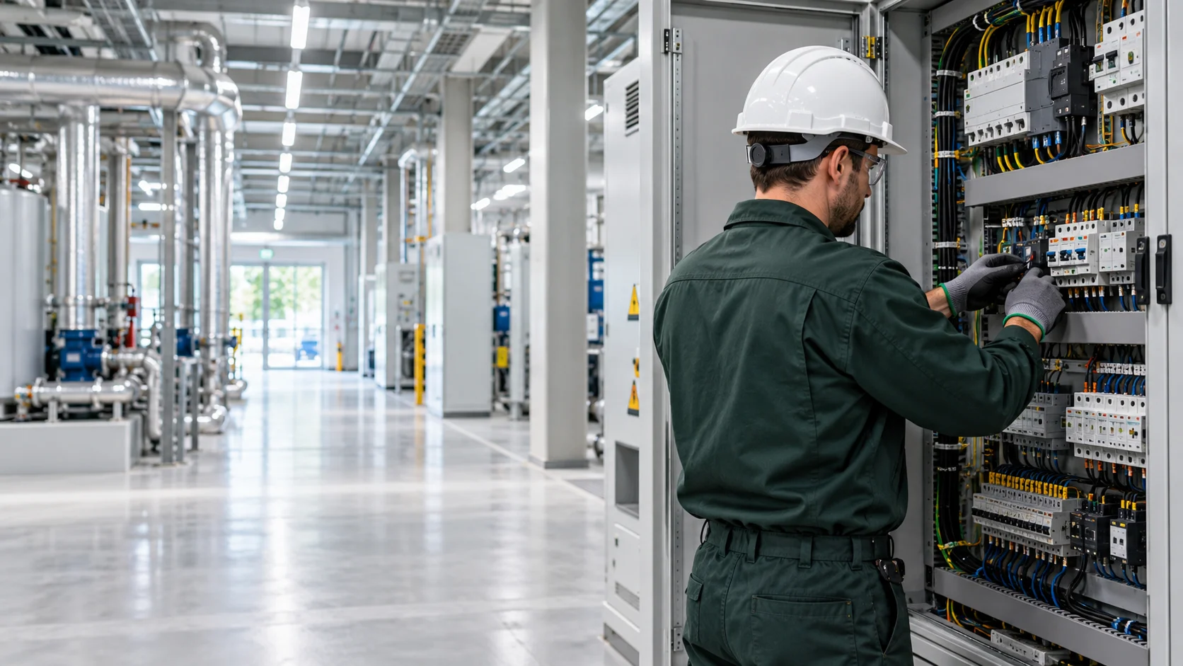 Electrician in protective workwear inspecting a commercial distribution cabinet