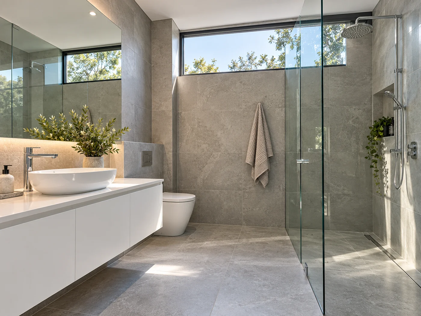 Architectural bathroom with large grey tiles, white vanity and modern glass shower