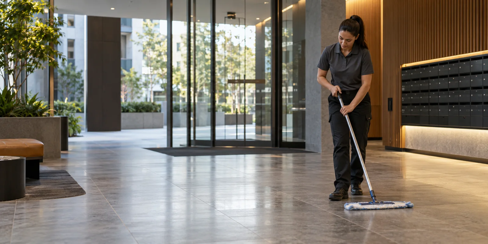 Cleaner caring for an apartment building entrance lobby