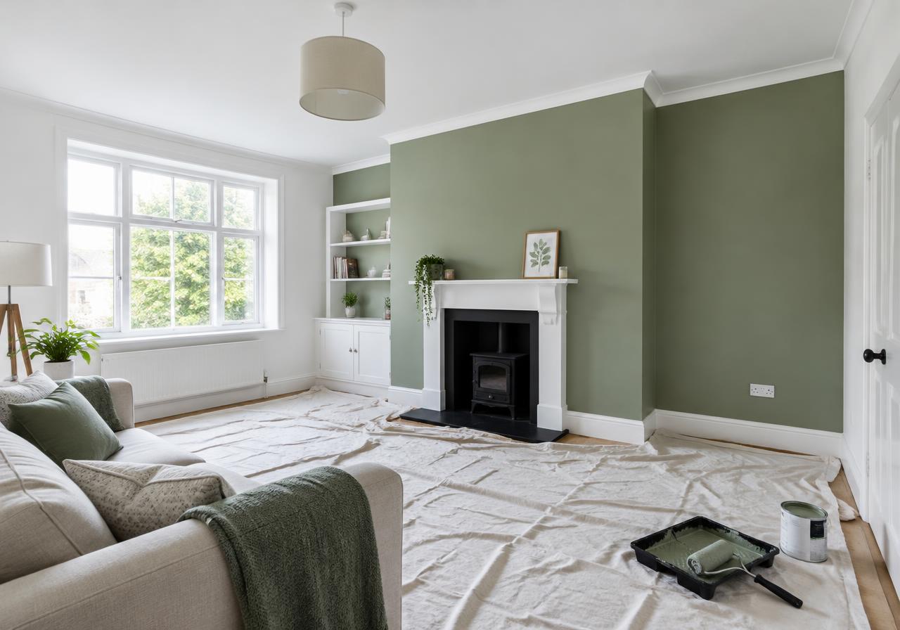 Freshly painted living room with a sage green feature wall