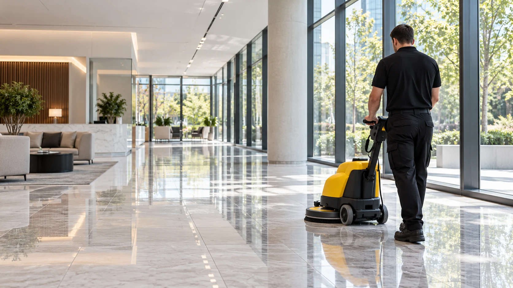 Professional cleaner using floor-cleaning equipment in a bright contemporary office