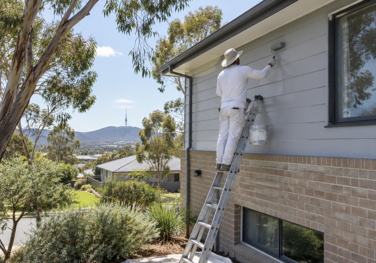 Painter refreshing the weatherboard exterior of a Canberra home