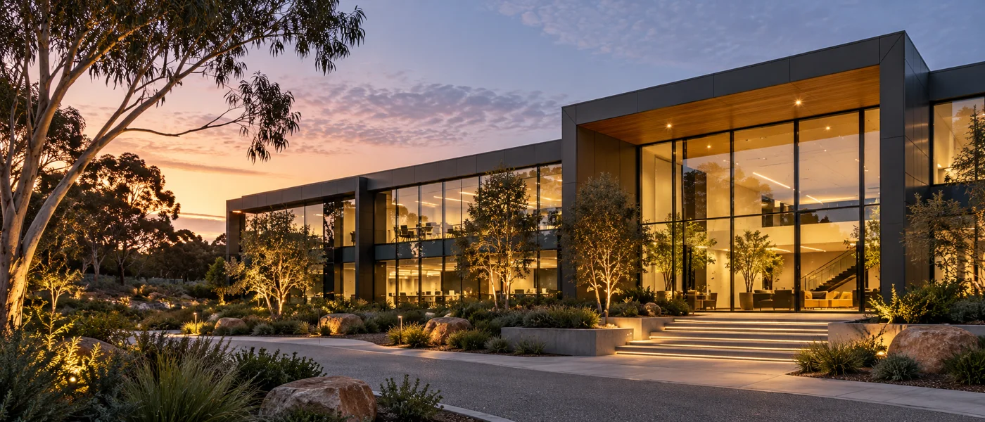 Illustrative commercial building at dusk with landscaped gardens; not company premises
