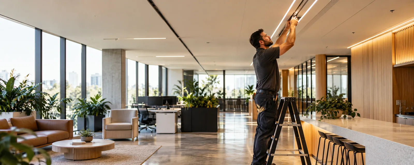 Contemporary office with linear LED ceiling lighting