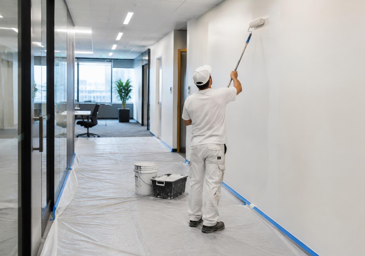 Painter rolling a fresh coat in a commercial office corridor