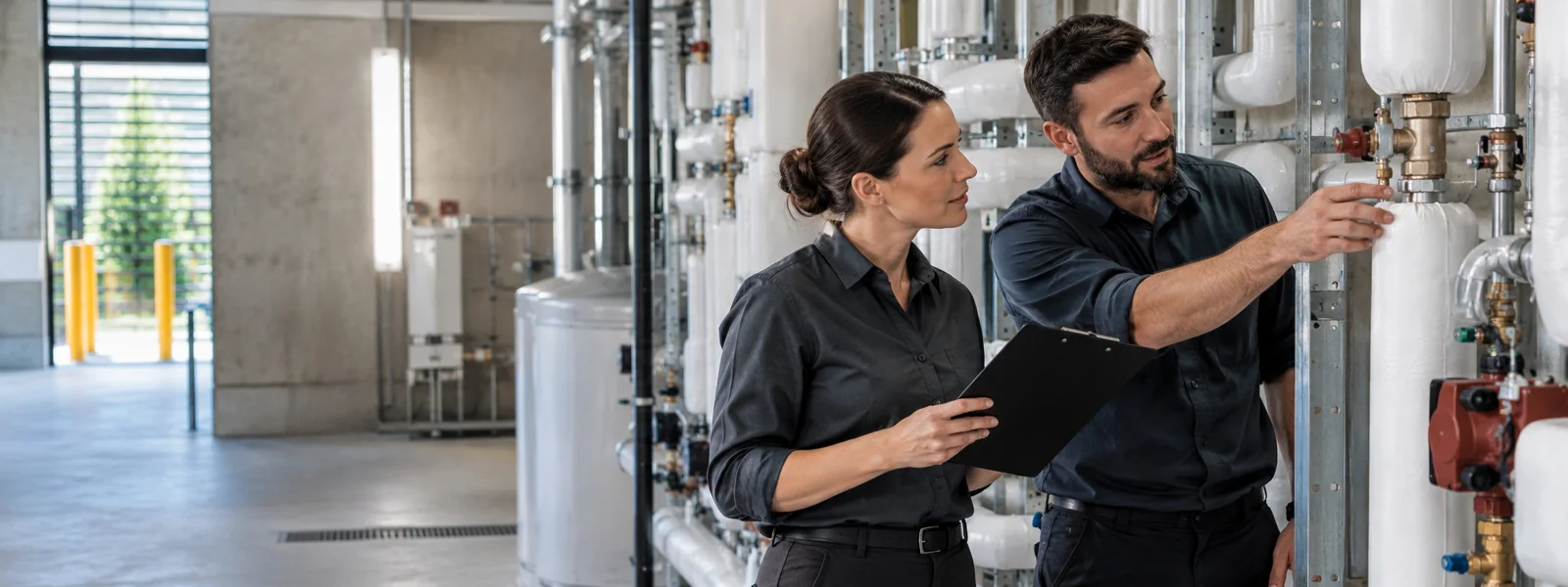 Facilities coordinator discussing electrical equipment with a technician