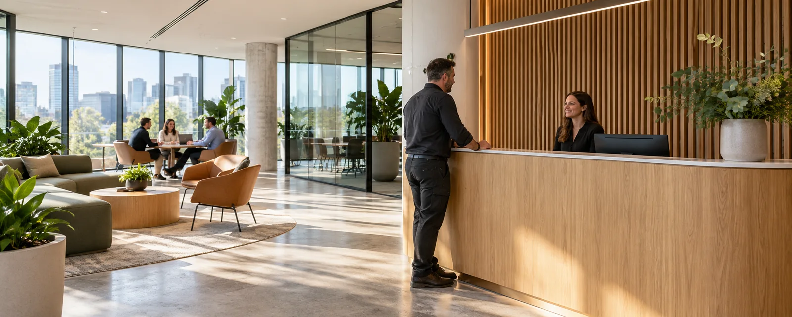 Commercial office fitout with oak reception and acoustic timber finishes